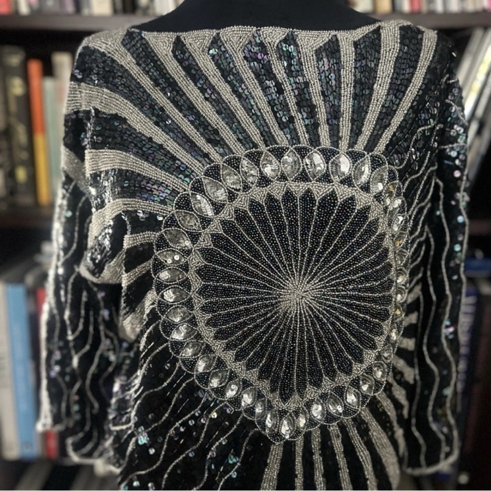 Saks Fifth Avenue Black and Silver Sequin Sweater 100% silk.